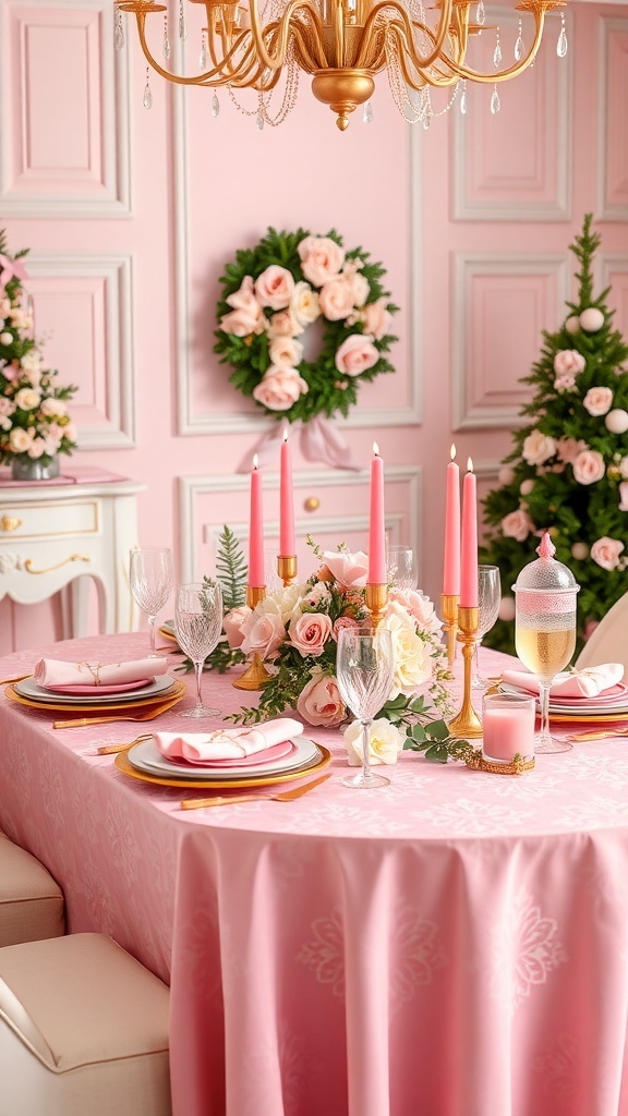 An elegant pink Christmas tablescape with floral arrangements, candles, and gold tableware.